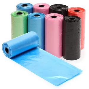Detailed view of colorful pet waste bags showing roll structure and thin material texture