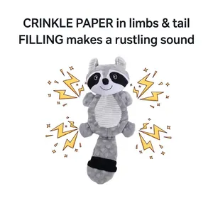 Plush raccoon dog toy with built-in crinkle paper limbs and tail for rustling sound