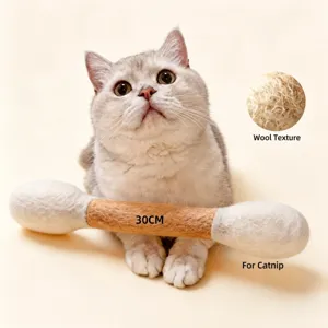 Close-up detail of a giant cotton swab cat toy made of pure wool and infused with catnip.