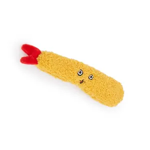High-detail macro shot of plush tempura shrimp cat toy with soft curly fur texture