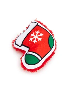 Detailed view of plush Christmas stocking cat toy with festive snowflake design