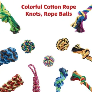 Variety of colorful cotton rope dog toys including knots and balls for teething