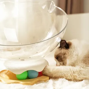 Transparent space capsule cat bed with integrated toy turntable and colorful balls