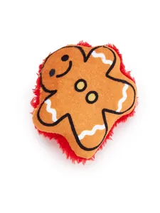 Plush gingerbread man cat toy with red fuzzy back and cute embroidered face.