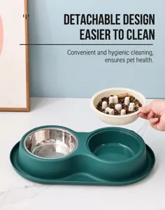 Double bol en acier inoxydable pour chiens et chats avec insert pour manger lentement.