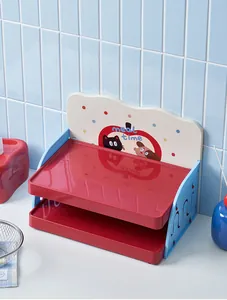 Detailed macro view of two-tier pet bowl storage rack featuring meal time cartoon design