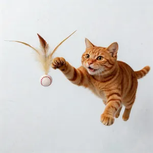 Dynamic action shot of a playful orange ginger cat jumping to catch a feather ball cat toy