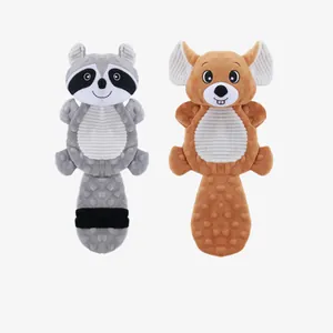 Creative squirrel and raccoon shaped plush squeaky pet toys for dogs and puppies.