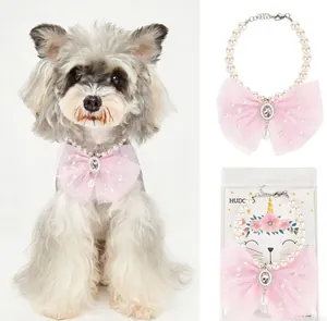 Professional collage of pink bow pearl pet collar worn by dog and in packaging