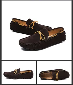 Detaillierte Ansichten von braunen Wildleder-Loafers für Herren mit gelber Schleife.