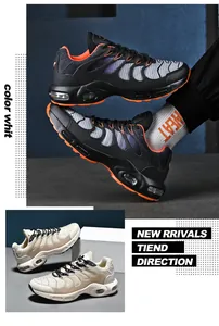 Scarpe da corsa traspiranti con ammortizzazione ad aria per uomo, colore nero e beige.