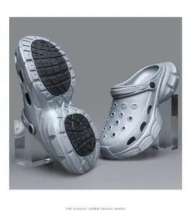 Detailed macro view of silver casual clogs featuring a thick non-slip outsole design