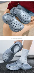 Close-up detail of grey chunky platform clogs with breathable holes and adjustable heel straps