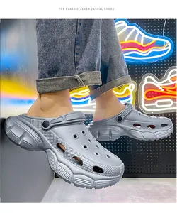 Detailed shot of gray chunky clog shoes showing the dual-use strap and thick sole