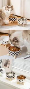 Detailed close-up of elevated cat bowls with checkerboard and polka dot patterns.