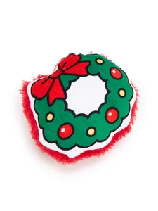 Macro view of a soft plush Christmas wreath cat toy featuring fluffy red faux fur edges