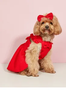 Elegante rode corduroy hondenjurk met bijpassende strik voor kleine huisdieren in prinsessenstijl