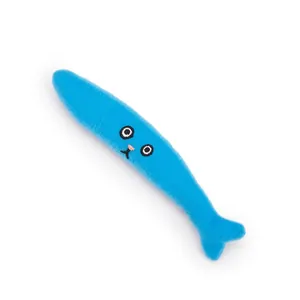 Blue plush fish cat toy with embroidered sad face expression for catnip play
