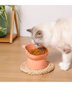 Close-up of a white cat eating from an elevated tilted pink ceramic pet feeder bowl