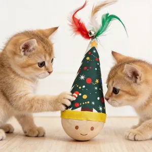 Christmas tree tumbler cat toy with feathers and bell, perfect for kittens' playtime