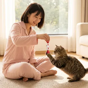 Vrouw speelt met kat met een schattig kattenkruid snoepspeeltje in de woonkamer