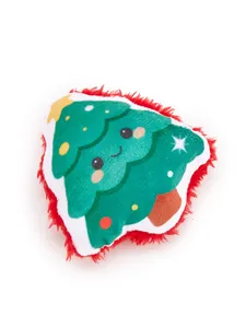 Close-up of a festive Christmas tree plush cat toy with a cute cartoon face