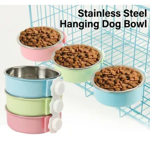 Stainless steel hanging pet bowls in blue pink and green for dog and cat cages