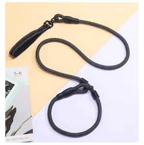 Close-up of a black reflective nylon P-chain dog leash with a durable swivel lock