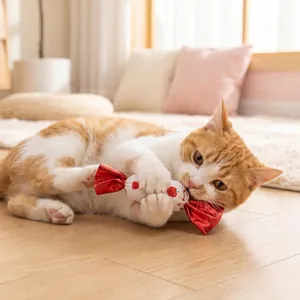 Rood-witte kat bijt in een kleurrijk kattenkruid speeltje in de vorm van een snoepje.