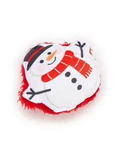 Detailed close-up of a snowman-shaped Christmas plush cat toy with red fuzzy backing