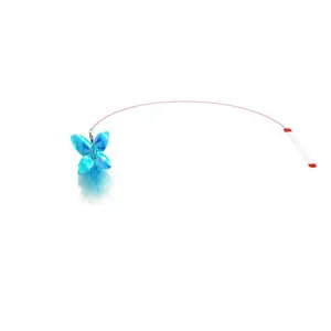 Detail view of blue glitter butterfly and feather attachment on a flexible cat teaser wire.