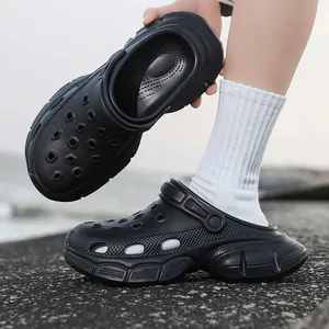 Breathable black summer clogs for outdoor beach leisure with thick sole and heel strap