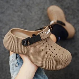 Stylish khaki men's beach clogs with thick non-slip soles and adjustable straps