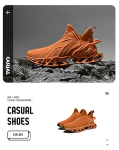 Vue détaillée de chaussures de sport orange pour hommes, style chaussette, avec semelle creuse