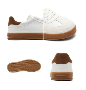 Detailed views of white leather sneakers featuring brown suede accents and gum rubber soles