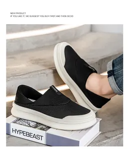 Vista detallada de zapatillas de lona negra transpirable sin cordones para hombre