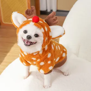 Detailed view of plush reindeer pet Christmas costume featuring soft antlers and red nose
