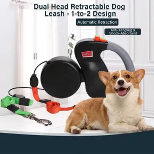 Macro view of double retractable pet leash for walking two dogs simultaneously