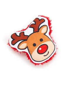 Macro detail of a festive reindeer plush cat toy featuring soft red furry edging and cartoon design