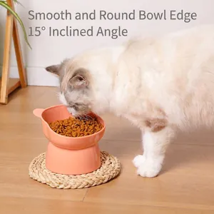 Nordic style tilted elevated cat bowl with 15-degree angle for neck protection, peach