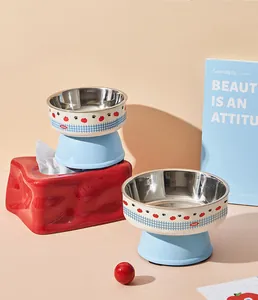 Detailed view of stainless steel elevated pet bowl with apple patterns and a blue raised base