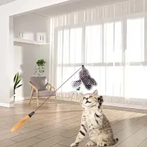 Interactive cat teaser wand featuring a natural wooden handle and spotted feather detail