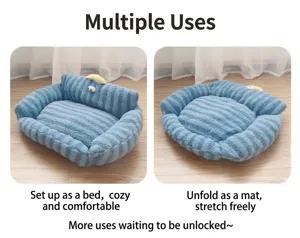 Detail showing the convertible striped pet bed used as a cozy nest and flat mat