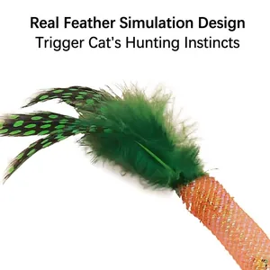Interactive cat teaser wand refill with green natural feathers and iridescent body