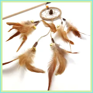 Handmade wooden cat teaser wand with brown feathers and golden bells dreamcatcher design