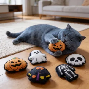 Σετ λούτρινα παιχνίδια γάτας Halloween με σχέδια κολοκύθας φαντάσματος και νεκροκεφαλής