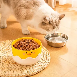 Cartoon Little Yellow Duck Pet Bowl Stainless Steel Detachable Cat Feeding Bowl Anti-Spill Water Basin For Kittens Puppies Pet Supplies