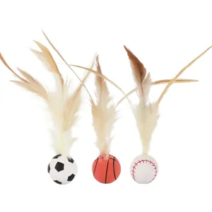 Interactive cat toy set with natural feathers and sports ball designs like soccer and basketball