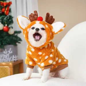 Detail view of a cute plush reindeer pet hoodie on a small white dog for Christmas