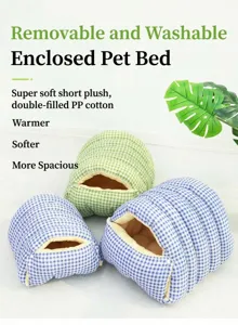 Detail view of soft enclosed plush cat beds with green and blue gingham pattern.